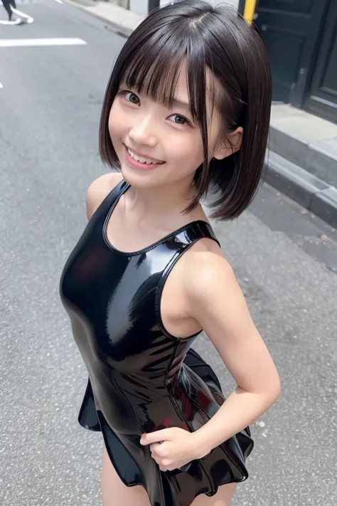 8k,   nothing ,  very well detailed,   masterpiece,  Top Quality,（10歳の  idol：1.5）、Photo-like facial expression、 10歳の日本人の girls on the left 、 ( Ultra Shiny Black Latex Dress :1.3), 、Bare wrist、  accurate finger depiction  、 Ultra Tight Thin Black Latex Dres...