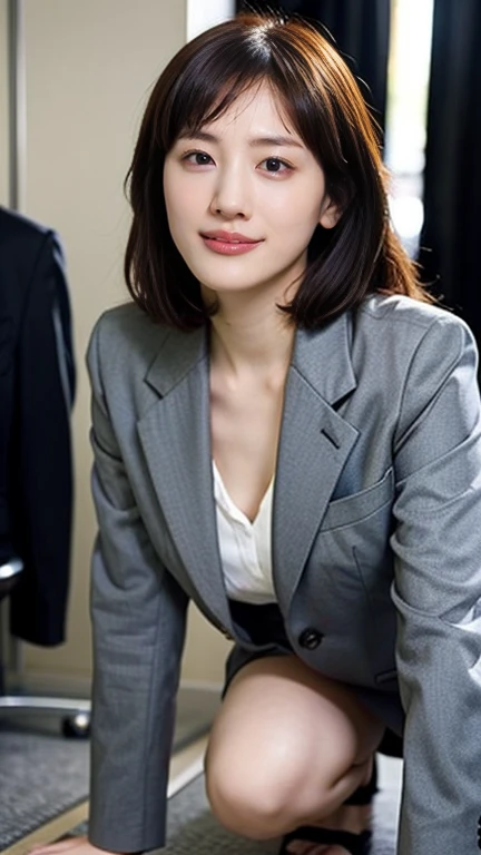 1 female,beauty,beauty臉龐,Smile,crouch down watching the viewer,Office Lady, Wearing a suit  , Choppy appearance , Perfect Style ,Take off your jacket,Cutting,Chest close-up,, tilted view, Front view , super realistic, Ultra HD,TOP QUALITY,【8k,masterpiece