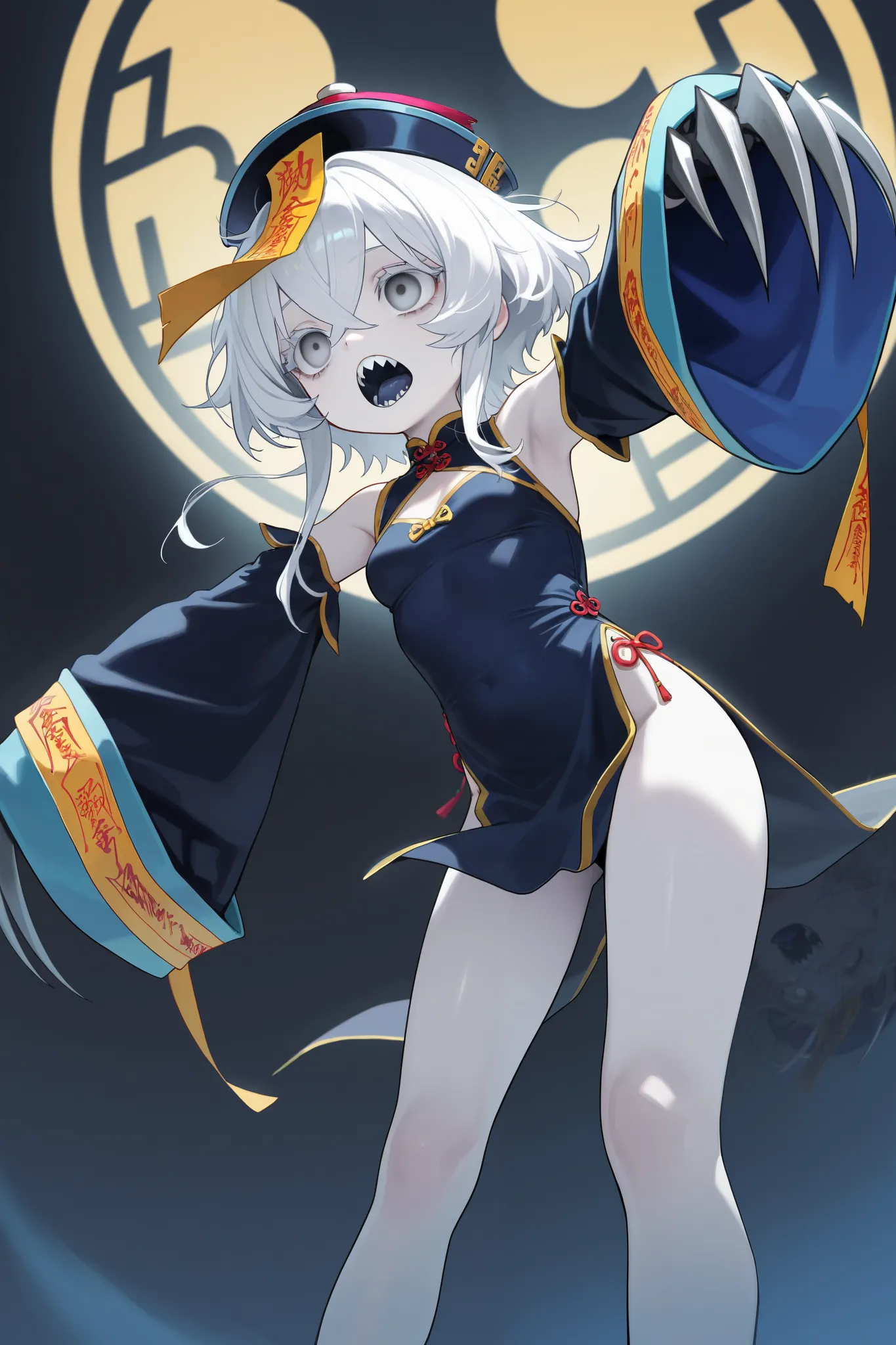 Chinese clothes, detatched sleeves, bare shoulders, hat, jiangshi, long sleeves, claws, claw(weapon), sleeves past fingers, very long sleeves, ofuda, qingdai guanmao, {medium hair}, white hair, crossed bangs, pale skin, dark blue tongue, white eyelashes, g...