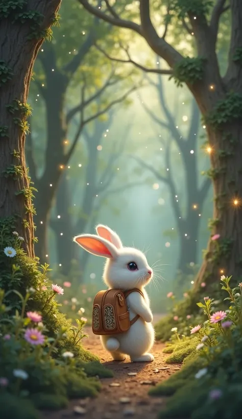 A cute white rabbit wearing a small backpack stands at the entrance of a magical forest. The forest glows softly with floating magical lights. The atmosphere is mysterious yet warm and inviting