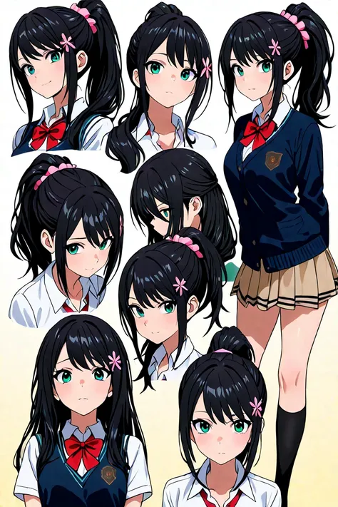 (masterpiece, The best quality at its best:1.2), alone、whole body、front、Character Sheet、one&#39;s junior、cool、Quiet、6,5 heads, School uniform ,skirt、High quality anime art、Character Sheet、Character Design、ponytail、beautiful、cute, uniform, black hair, cold ...