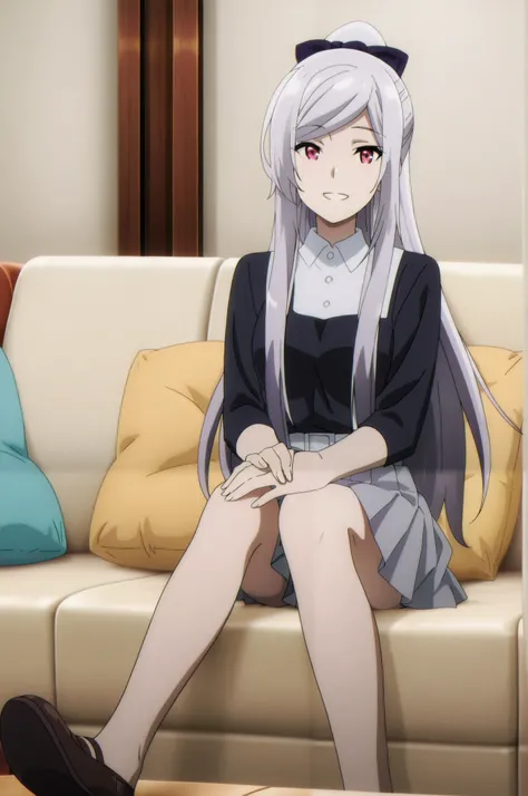 anime screencap,anime coloring, official style, perfect quality, masterpiece, well-defined fingers, well-defined fingernails, detailed background, inside, sitting on a couch, pillows, 1girl, solo, gray hair, red eyes, Ponytail, black and white dress with b...