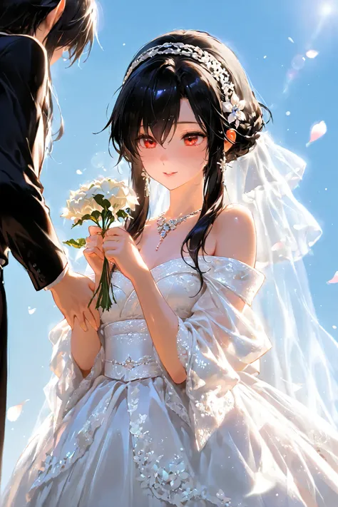Yor forger, red eyes, black hair,jewelry, hairband, short hair with long lock, wedding dress, seducing, lusty, holding flowers, shiny, Bright face, perfect light, clear background, ((a little far)), (beautifuls piernas)(beautiful)( From below)(Japanese clo...