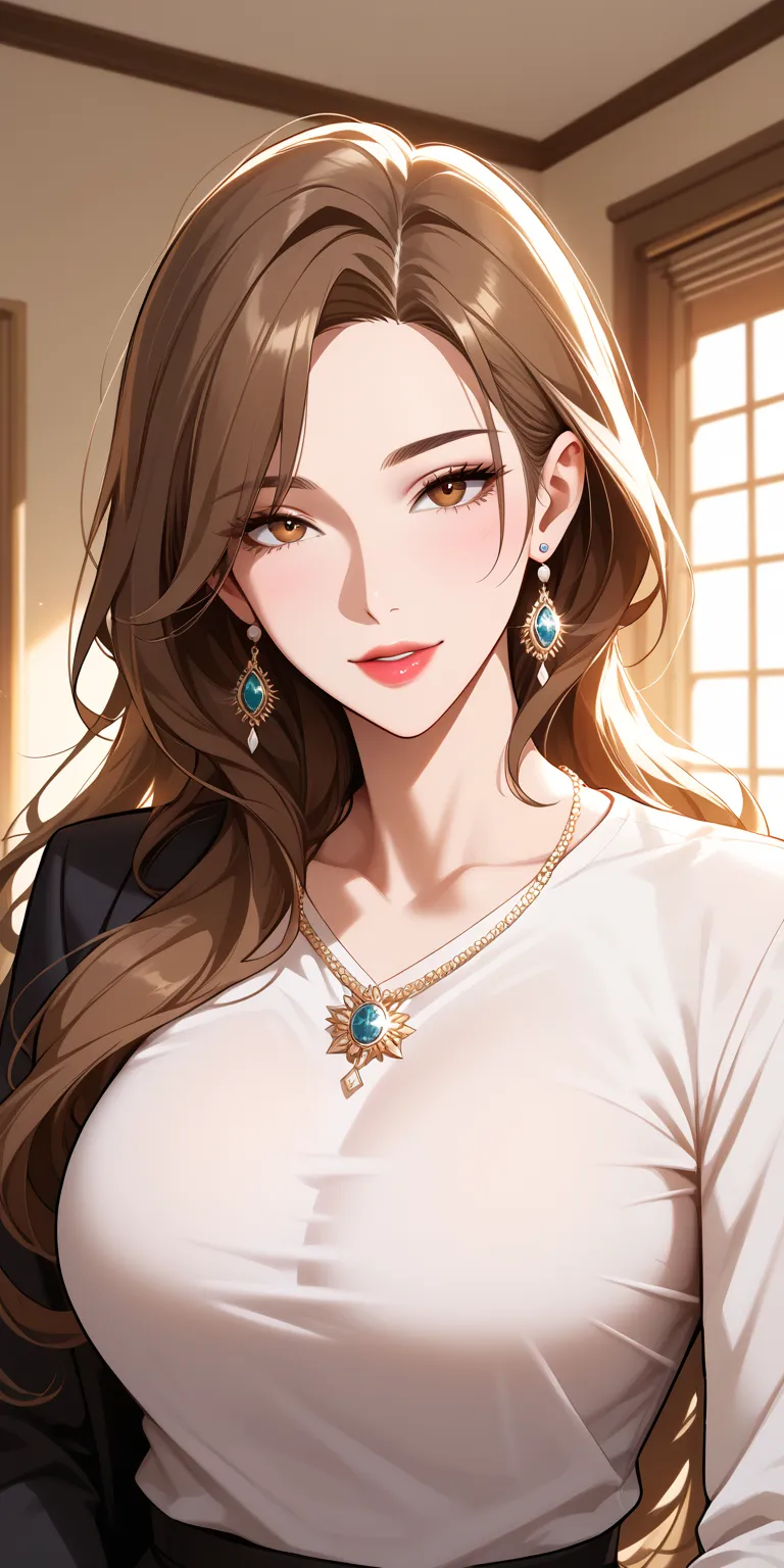  Fraction _9,  Fraction _8_up,  Fraction _7_up, source_animation, animation art, animation style, Very beautiful, masterpiece,  high quality,  1girl ,  elegant mature woman, milf,  Long Sleeve, t-shirt, Cutting,  Brown hair , long hair, Hair Between Her Ey...