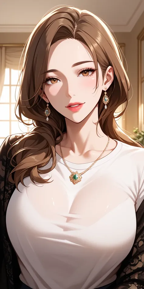  Fraction _9,  Fraction _8_up,  Fraction _7_up, source_animation, animation art, animation style, Very beautiful, masterpiece,  high quality,  1girl ,  elegant mature woman, milf,  Long Sleeve, t-shirt, Cutting,  Brown hair , long hair, Hair Between Her Ey...