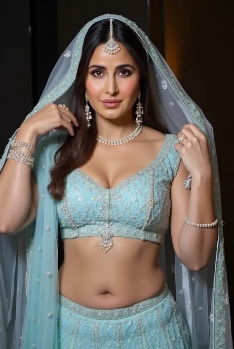 (masterpiece, best quality:1.2), She is draped in a low waist pastel blue lehenga with delicate gold embroidery, giving her an ethereal, moonlit glow. Her black sheer veil barely grazes her bare stomach, fully exposing her deep navel and slim waistline. A ...