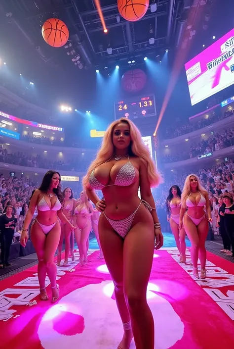 An electrifying scene at the 'Bimbo's and Butts' March Madness tournament in 2025. At the center, bimbo number seven, a stunning blonde with voluminous hair and a sparkling number 7 bikini, stands confidently on a glitzy neon-lit stage. She flaunts her exa...