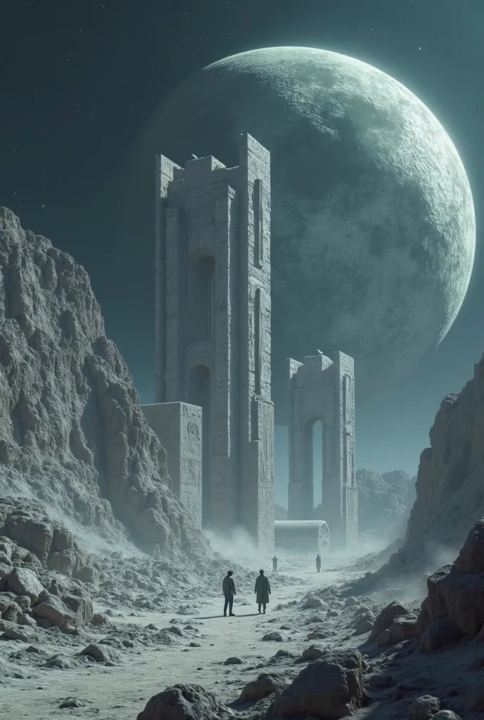 A hyperrealistic video of giant lunar beings constructing a mysterious citadel on the Moon. These towering, silver-skinned giants stand out vividly against the barren, gray lunar landscape, their bodies radiating a soft, otherworldly glow that contrasts wi...