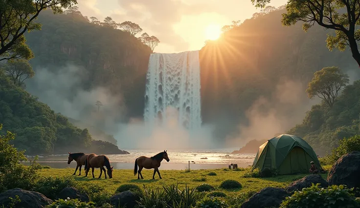 Waimanu Valley, Big Island, captured at sunrise—towering waterfalls cascade into the deep valley below, while wild horses graze peacefully near a lone campsite. Mist rises from the jungle floor, giving the landscape a dreamlike quality.