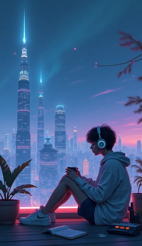 Create a dreamy, futuristic lofi scene titled 'Electric Breeze - Harkland ChillLab.' The image features a serene, neon-lit cityscape at night, with soft glowing lights in shades of blue, purple, and pink. A gentle breeze is visualized through flowing, glow...