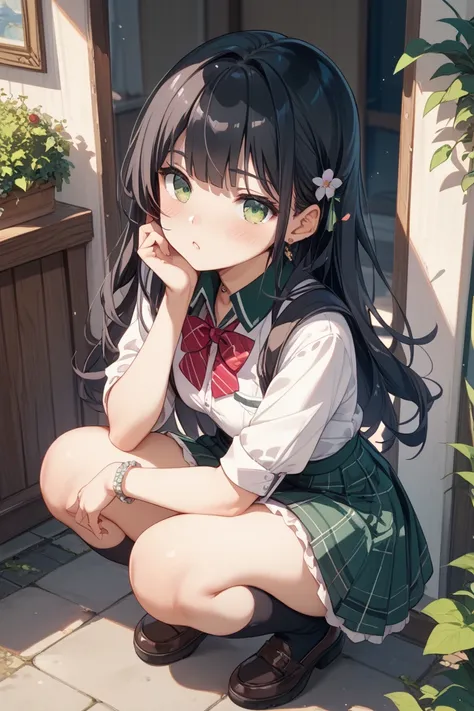  girls on the left、 black hair、emerald green eyes、Young、 crouch、blush、Chest、 skirt、 crouching