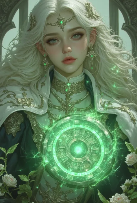 Chrono Divinities â Timeless Gods who control history through quantum tech. The female goddess in the images is casting a green magical time spell that resembles a floating clock, flowers in background, hkchrono
