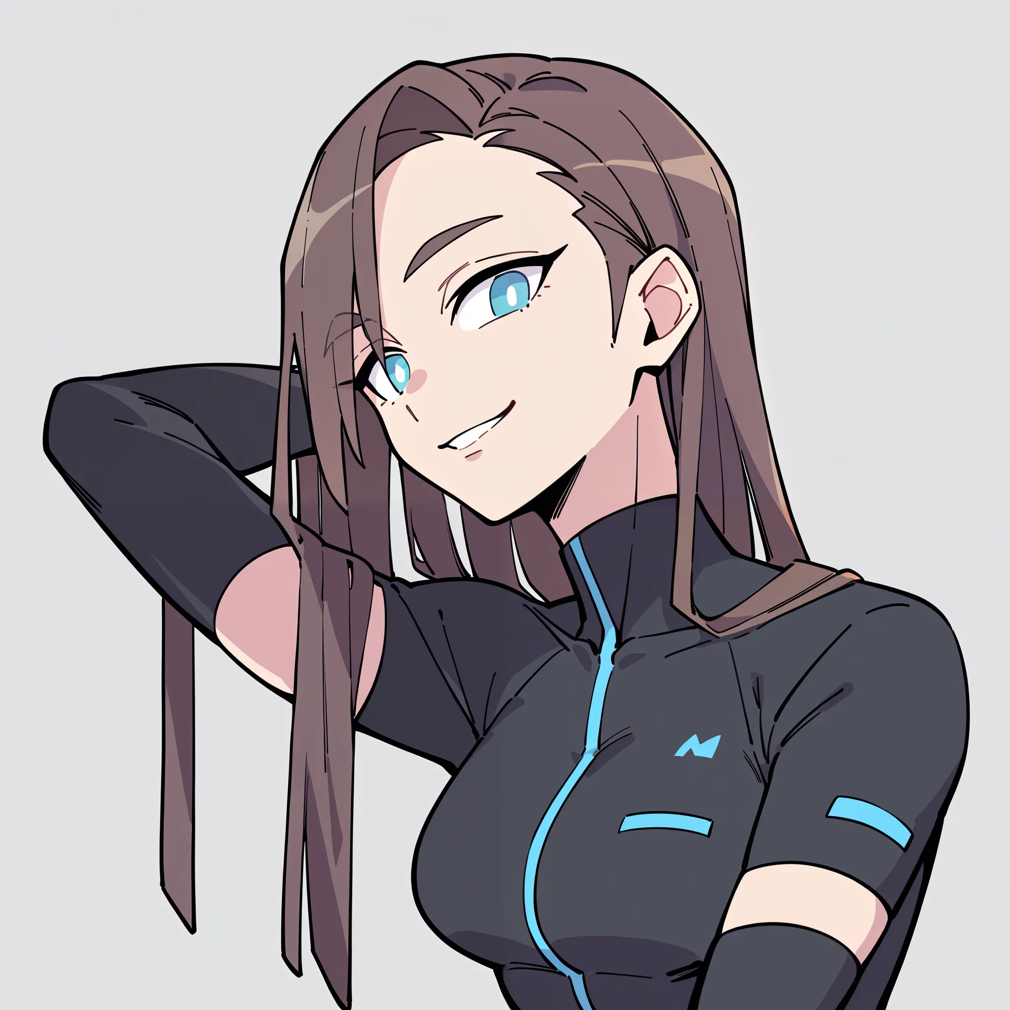 anime characters：1woman, girly, breast, adult:1.0, female focus, black short sleeve outfit, black clothes, black boots, cargo pants, only, Upper body, alone, dark brown long hair, dark brown hair, brown hair, thin eyebrows, cyan pupils, Light Grey backgrou...