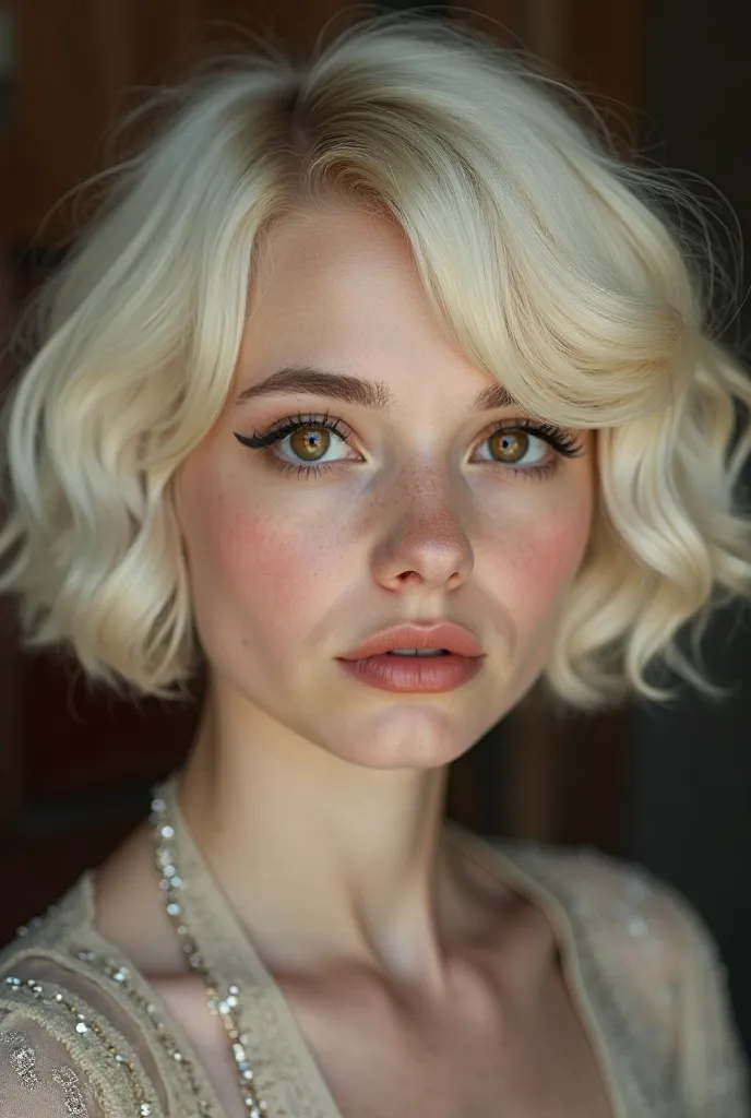 early twenties girl with platinum blonde hair cut in a shaggy layered wolfcut collarbone lenght, dark brown eyes with dark circles, slightly crooked nose, medium sized full lips with pronounced cupid bow, pale skin, 1940's clothing style