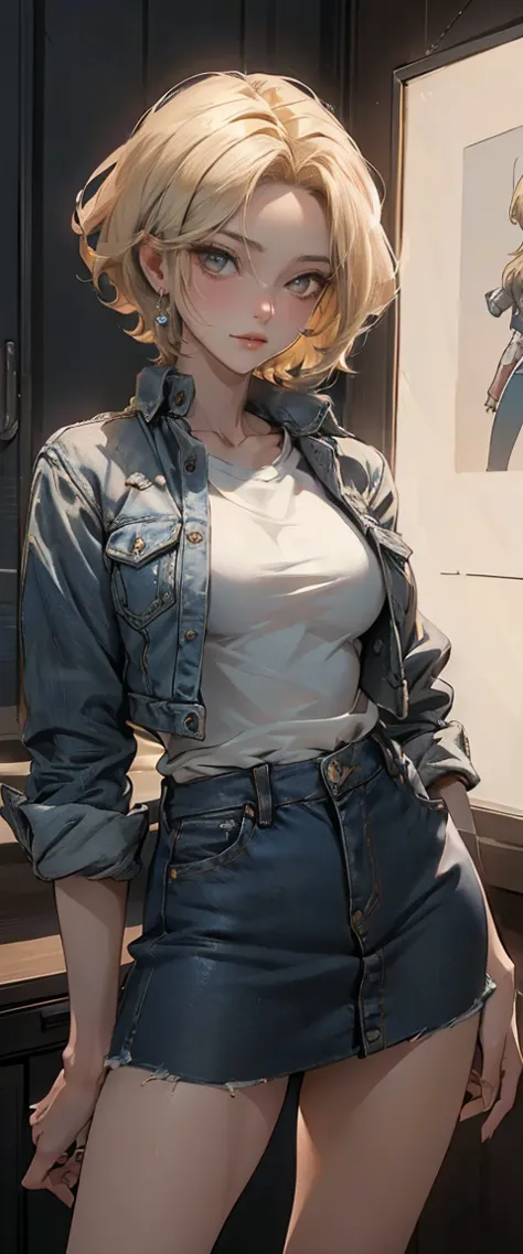 ((masterpiece, TOP QUALITY,  highest image quality, High Resolution, Realistic,  original photo, 【8k)), blonde short hair and black top,  Denim Miniskirt ,  Artificial 18 ,  Anime Girl, ( She wears a miniskirt , One long sleeve shirt, and slim denim vest),...