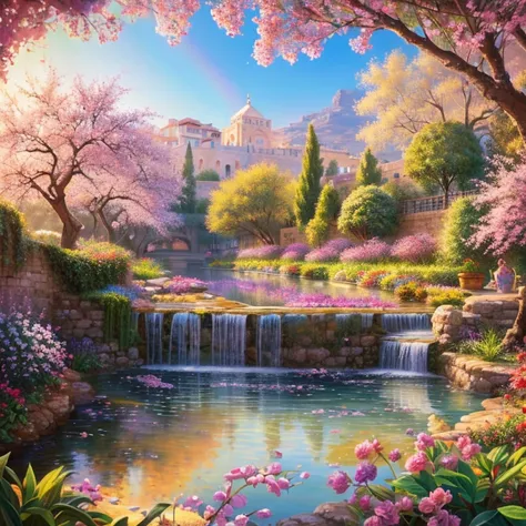 - Fantastic - painting style waterfall, soft painting style, vivid color, bright light, wonderful heavenly garden, rainbow reflected on a splendid river valley of eden sea a wonderful valley,Morning sun, river, rose, pastel pink path, beautiful atmosphere,...