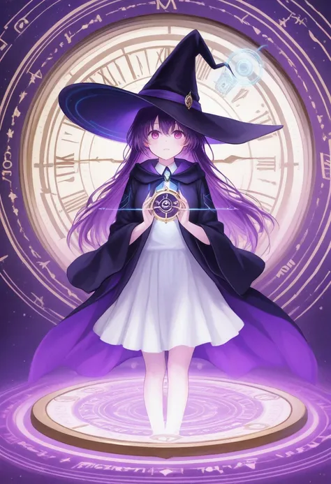 Chrono Divinities â Timeless witch who control history through quantum tech. The witch in the images is casting a purple magical time spell that resembles an anicet magical floating clock. She has a detailed witch hat and robe, hkchrono
