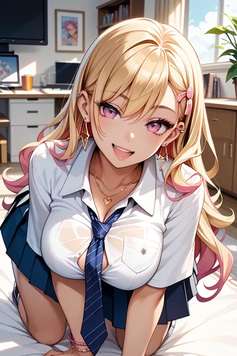 Simple Positive XLV2, KJOmarin, blond hair,  long hair,  pink eye, earrings,  ear piercing,  multicolor hair,  score_9,  score_8_up,  score_7_up,  source_Anime,  masterpiece,TOP QUALITY, Big Breasts,   collared shirt , shirt with tie,  pleated skirt , Flas...