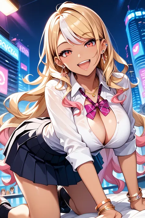 Simple Positive XLV2, KJOmarin, blond hair,  long hair,  pink eye, earrings,  ear piercing,  multicolor hair,  score_9,  score_8_up,  score_7_up,  source_Anime,  masterpiece,TOP QUALITY, Big Breasts,   collared shirt , shirt with tie,  pleated skirt , Flas...