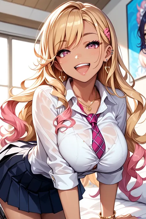 Simple Positive XLV2, KJOmarin, blond hair,  long hair,  pink eye, earrings,  ear piercing,  multicolor hair,  score_9,  score_8_up,  score_7_up,  source_Anime,  masterpiece,TOP QUALITY, Big Breasts,   collared shirt , shirt with tie,  pleated skirt , Flas...