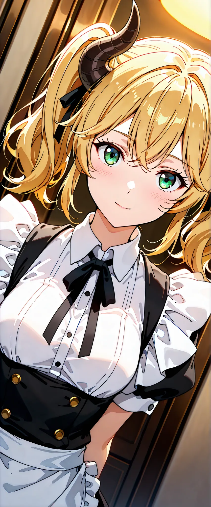 score_9, score_8_up, score_7_up, score_6_up, score_5_up, score_4_up, source_anime,dutch angle,
aletta, twintails, green eyes, blonde hair, twintails, horns,black dress, puffy sleeves, white shirt, black ribbon, waist apron, maid,dress,upper body,