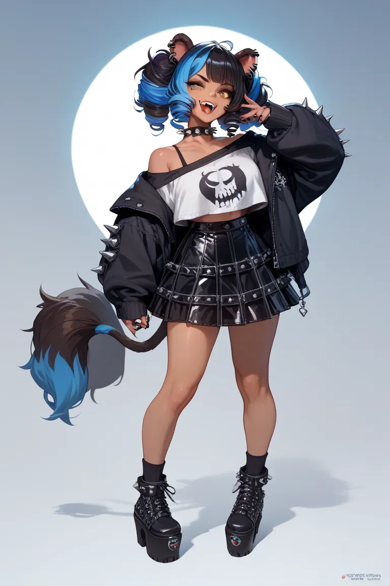 Anime Lion girl, tanned skin, curly black and blue streaked hair, golden eyes, fangs, goth, goth outfit, spiked choker, big boobs, full body, spooky background 