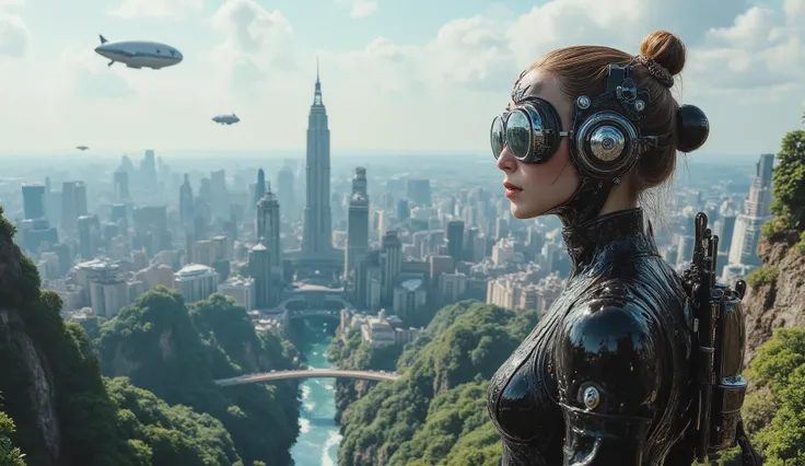 A stunning woman with aviator glasses, exuding a steampunk charm, stands at the forefront of a highly advanced futuristic vehicle. In the background, a sprawling, hyper-realistic city extends into infinity, with organic skyscrapers wrapped in rich greenery...