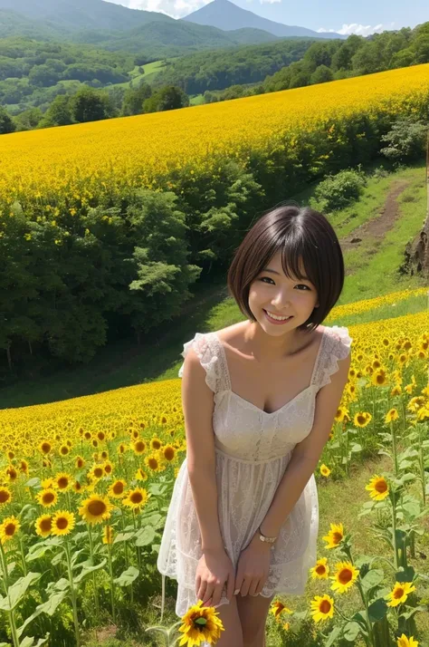  Japanese、cute、 age woman 、Short Hair、Baby Face、smile、 looking at camera、 dress、Sheer pattern、clavicle、 thighs、 slouching forward、Sunflower field、Majestic Mountain、Spectacular views、 Sunny