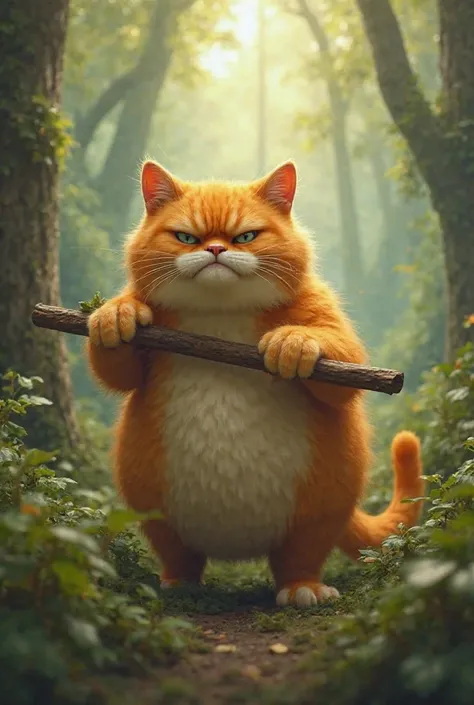 Slightly fat furry orange-yellow cat (angry) (holding a wooden stick) (in the forest, tall trees, weeds, soft sunlight) (surreal).