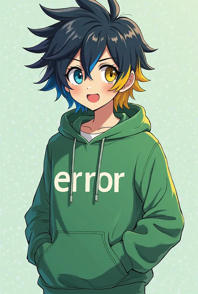 Create a boy with a green sweatshirt, Written "error", blue left eye and yellow right eye, black hair with blue highlights on the left and yellow locks on the right, And he has Glitch powers. Leave it in anime style.