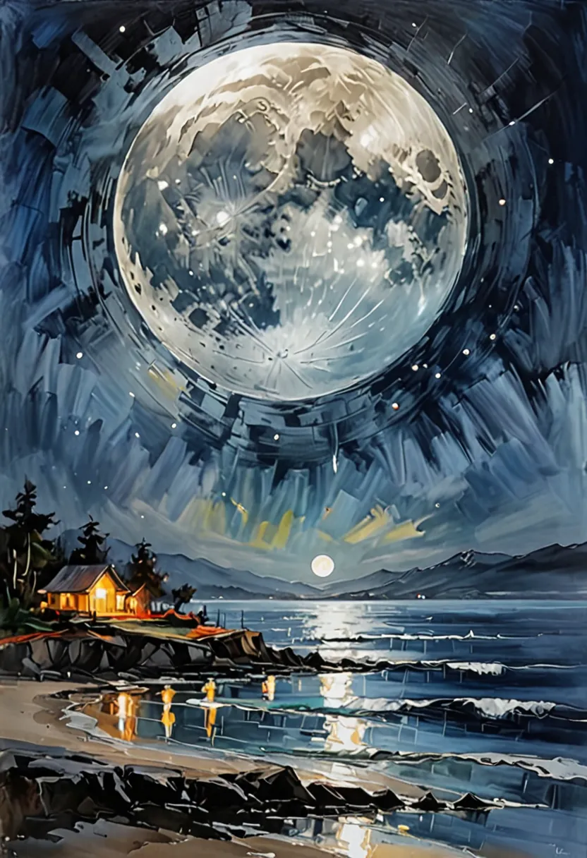     abstract picture A glowing full moon in the background,   square shapes ,              visible brush strokes       ,   , 4 Kim             ,        high quality  