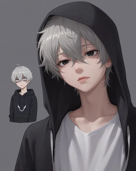 Alone, viewers,  short hair, dark eyes, simple background on infecti, gray hair, pretty boy, Skinny,lips,portrait, long bangs,  one boy in airspace,  I closed my mouth,  white t-shirt,  upper body,  emphasizes men, black hoodie,Late 20s,  Fluffy Hair ,  zi...