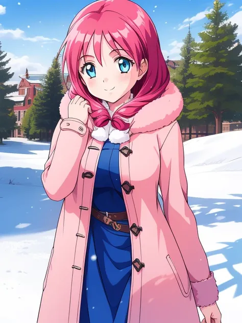 Snow White ,  one girl ,  only girls with red hair  , A big smile ,  blue eyes ,  long hair , straight hair ,  accurately  , , look straight here , full color 、Around town、 pink long coat、MEDIUM BOOBS