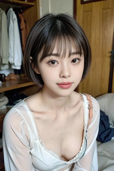 Chest、  take off your blouse  、  focus on my chest 、((  Realistic Skin Types  ))、(  lean forward:1.3)、(  Oversized Blouse 、   loose blouse  、 Close Portrait :1.2)、( Top Quality 、8k、32K、 masterpiece)、(Detailed Bra)、  Japanese 、 28 years old 、   Very Cute Gi...