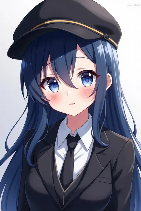 A Beautiful cute anime Girl, White skin, with a long BLUE, a black long hair, with a School black coat, White shirt with a Tie, CUTE smile on face, cute eyes, with a cap rotated a little to left on Head,BLUE eyes