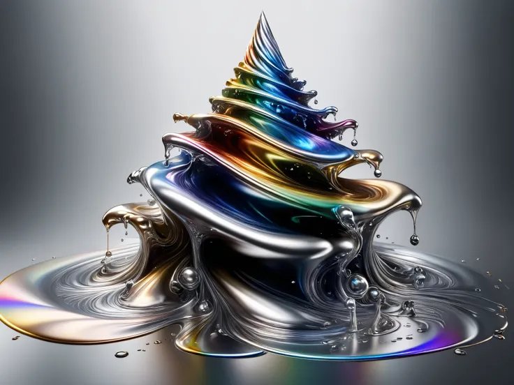 [A wizard rising from a pool of liquid metal with rainbow hues, Very shiny, Smooth surface texture, polished surface, reflective, Front 45 degree angle, Inlay ral-chrome, PhotoPractical, HyperPractical, Ultra Detailed, Analog style, Delicate skin, matte sk...