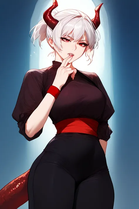 Woman, fair skin, red eyes, white hair, short hair,Ponytail , anime style, Black dress Red details , red sash, red wristband, white wide pants,,Horns, dragon scales 