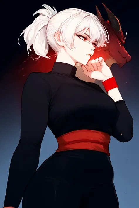 Woman, fair skin, red eyes, white hair, short hair,Ponytail , anime style, Black dress Red details , red sash, red wristband, white wide pants,,Horns, dragon scales 