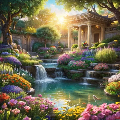 Taisho Retro、lacquer painting、 Japanese Garden、 no one、11 The city was enveloped in the glory of God、Shining like a jewel、Like Jasper〔Like crystal〕It was crystal clear.。 no one。Israel- Fantastic - Painting Style Waterfall Soft painting style Brightly color...