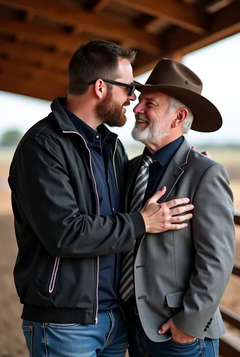 I bet,  tall and muscular, white cowboy with brown hair and cowboy style beard  ,  wearing a black zip-up jacket , a dark blue shirt and a brown cowboy hat ,   kissing and wrapping his arms around the waist  ,  a mature white man with short gray hair and a...