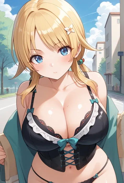 hachimiya meguru, 1girl, blonde hair, low twintails, long hair, blue eyes, huge breast, curvy, hip, slender waist, frilled bra, (detailed laces bra:1.2), black bra, black panties, strings panties, highleg, see-through frills, (bondage corset:1.2), blonde p...