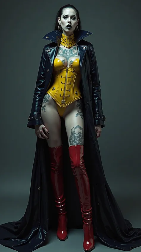 ANGELINA JOLIE, Dominatrix  , pale skin, vampire, nosferatu, dracula, BDSM, blue yellow latex , brilliant, metallic, corps latex noir, longue jupe crayon en latex noir, transparent  latex blue trench coat  , red brown latex over the knee boots ewtrem high ...