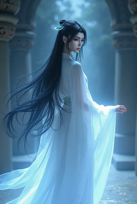  long black hair，hair is lightweight like moonlight，Moon White Guang Sleeve Robe，Jade waist strap，Cool and dusty，Nine Color Glass Tower Phantom、Blue Jade Hairpin，sex