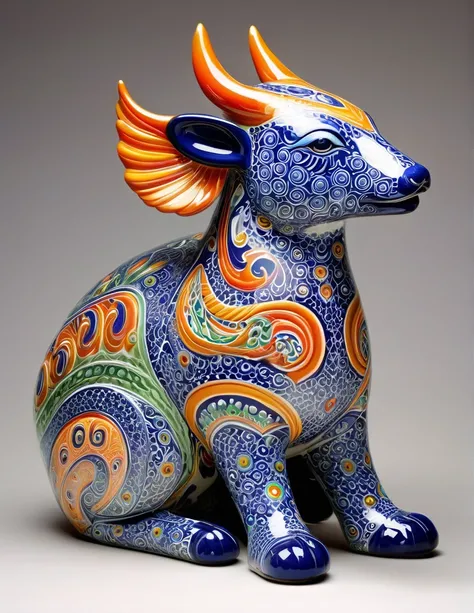 fantastical porcelain creature with vividlydecorated surface designs 