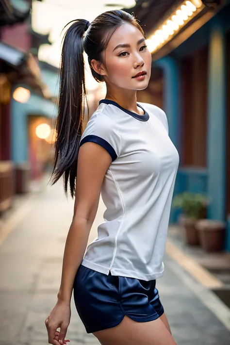 A stunning and sexy Asian woman with smooth, radiant skin, wearing a snug white t-shirt with navy blue trim and matching navy blue shorts. She is captured mid-motion as she gracefully ties her long, silky hair into a ponytail. Her toned arms and elegant po...