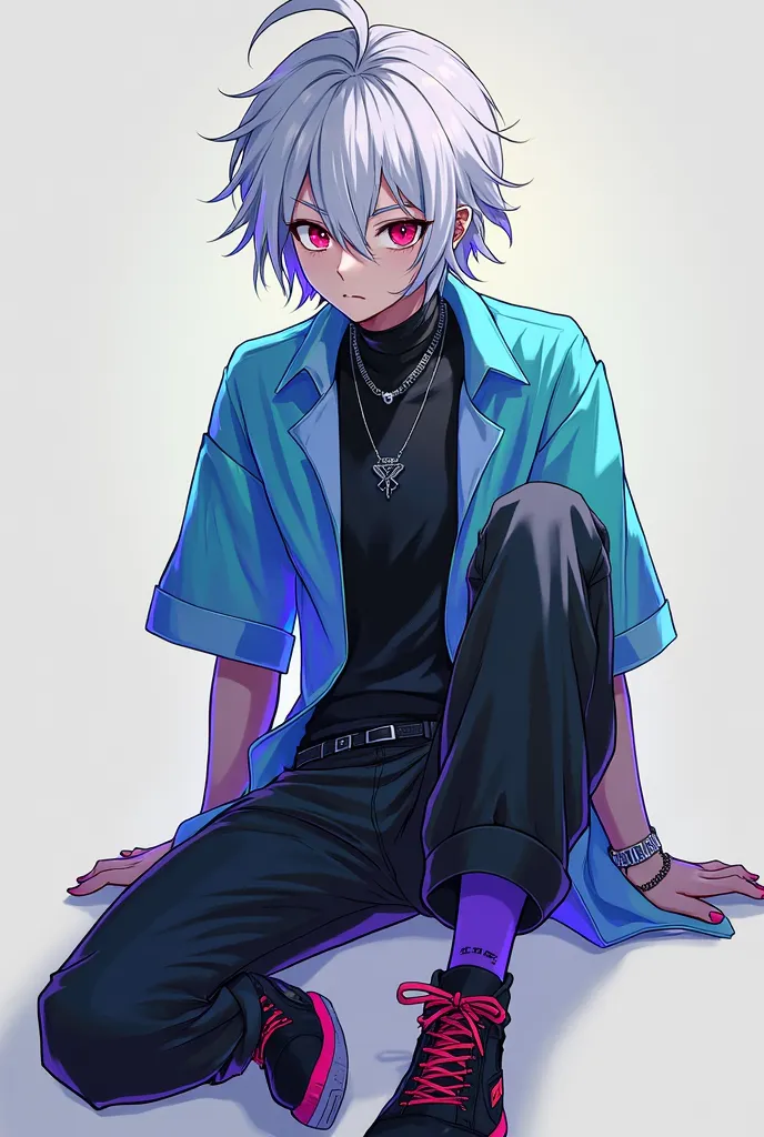 A teenage boys, has white hair mixed with deep neon blue, has bright red eyes, wears a black inside, outside wears a neon blue shirt mixed with light green inside, wears a small metal necklace, wears black pants, wears neon purple socks, black shoes mixed ...