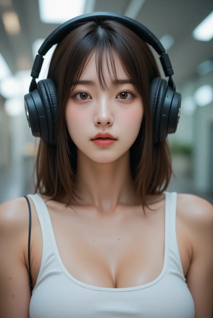 listen to music with larger headphones, japanese woman, confident eyes,cool figure, Fashion Models, semi-long,tank top, upper body up