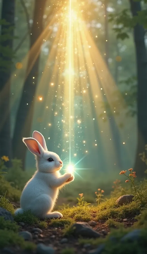 A cute white rabbit holds a glowing gem in a magical forest. The gem rises into the air, releasing dazzling beams of light that spread across the entire forest. The atmosphere is breathtaking and full of wonder