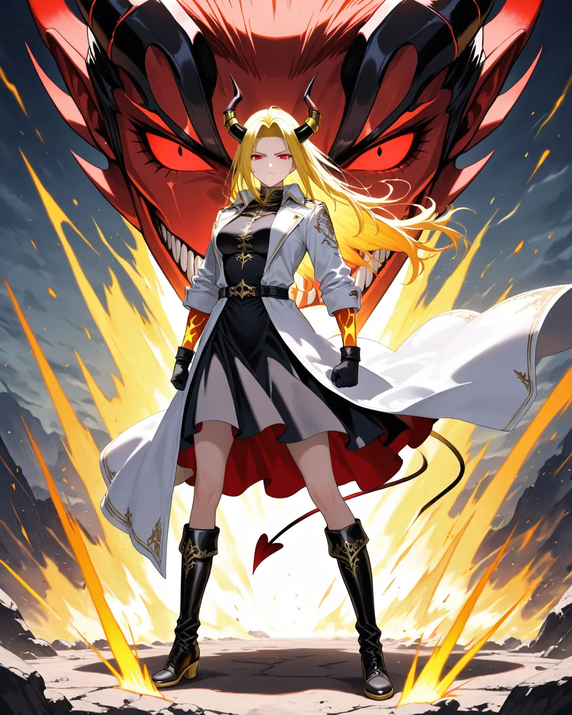  Long dark yellow hair, Demon horn, white jacket, black dress, red eye, serious face, middle parted hair, full body, black boots, medium breast size 