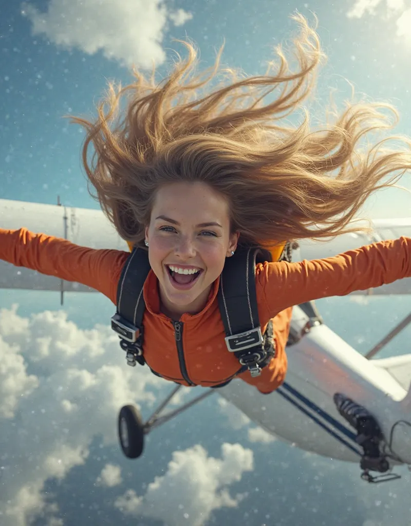  woman with long light brown hair and middle parting , Size: 165cm, Weight: 58kg,  she smiles , Her skin is tanned , She poses as a skydiver and jumps 4000 meters in the air out of an open side door of a white Cessna caravan aircraft and has a yellow parac...